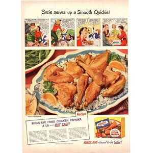 1950 Birds Eye Frying Chicken Vintage Print Ad Suzie Serves a Smooth Quickie Art